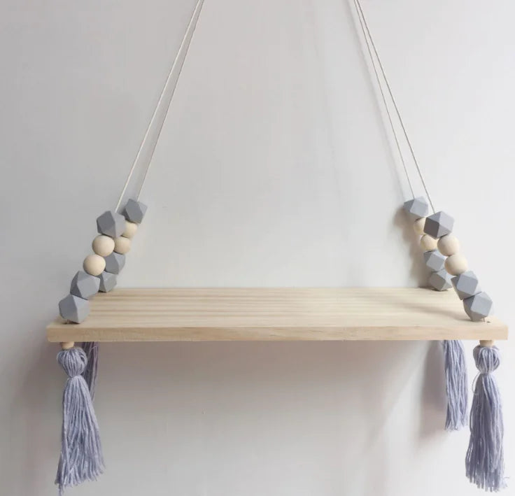Wooden Storage Shelf with Octagonal Beads Wall Decor