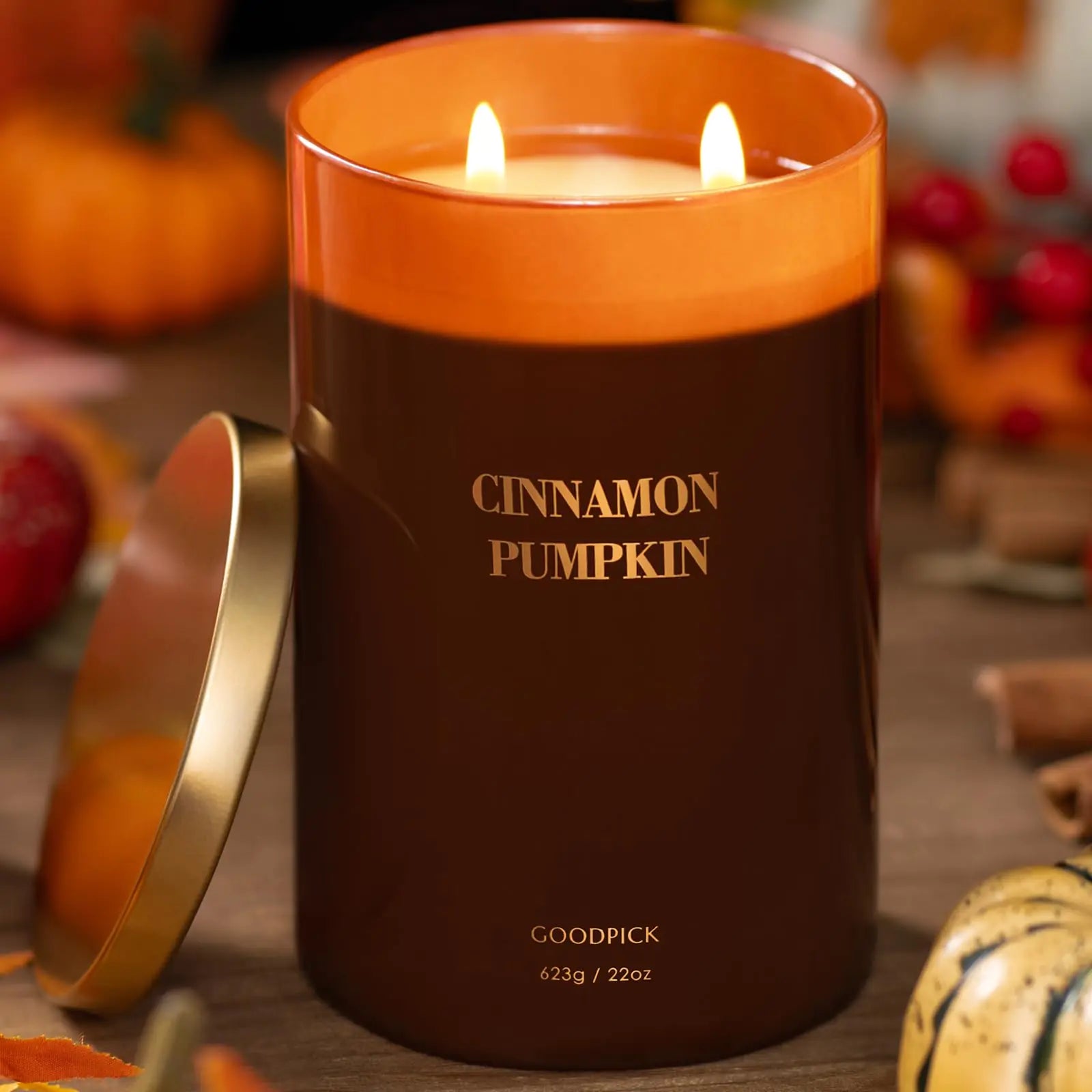 Goodpick Cinnamon Pumpkin Scented Candle 22 ozGift Candles Fall Candles Classic Luxury Candles for Home Large Soy Jar Candles Gift for Women Birthday Bath 2-Wick 120 Hours Burn Time